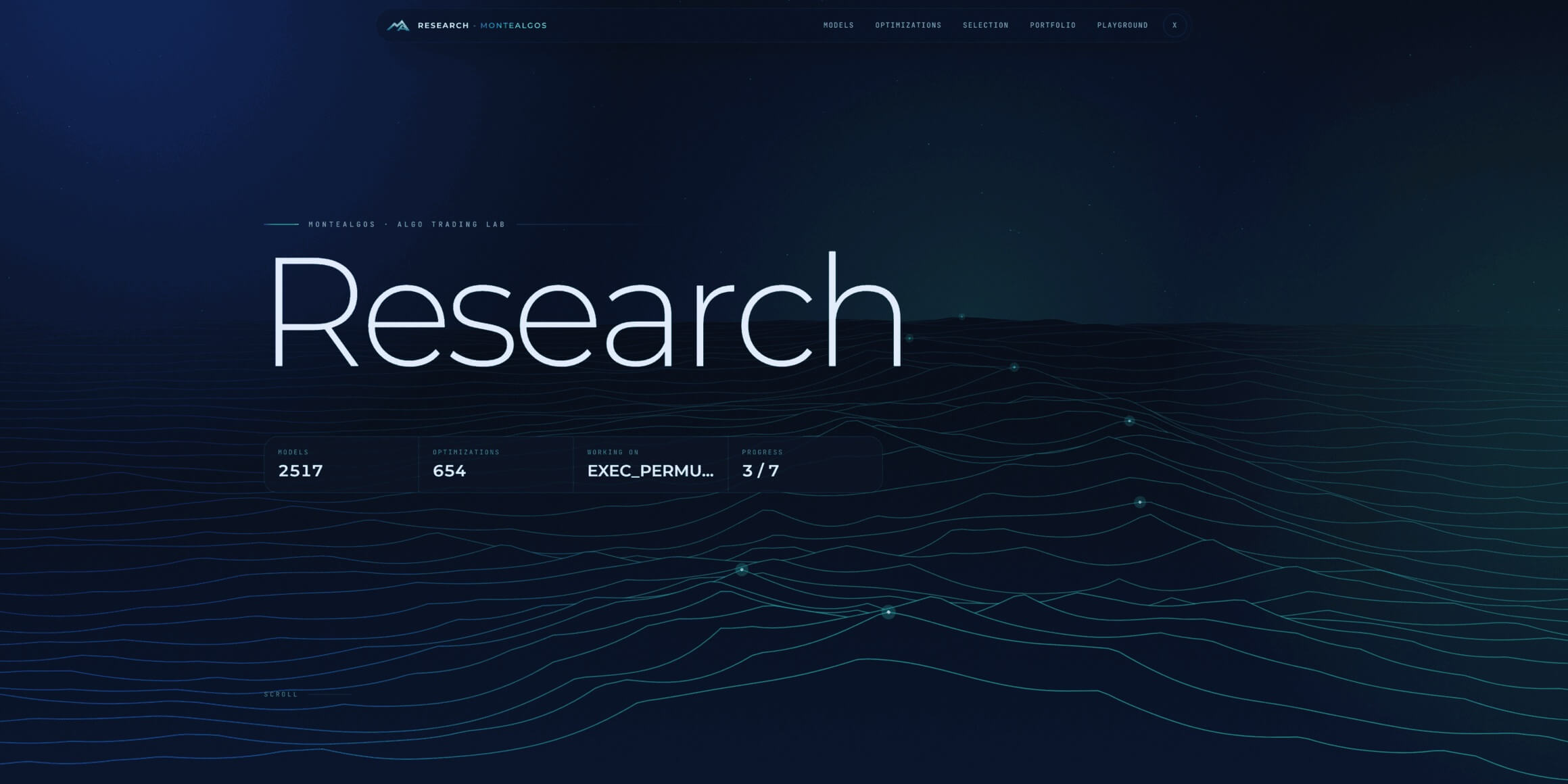 Montealgos research application showing models, optimizations and equity charts